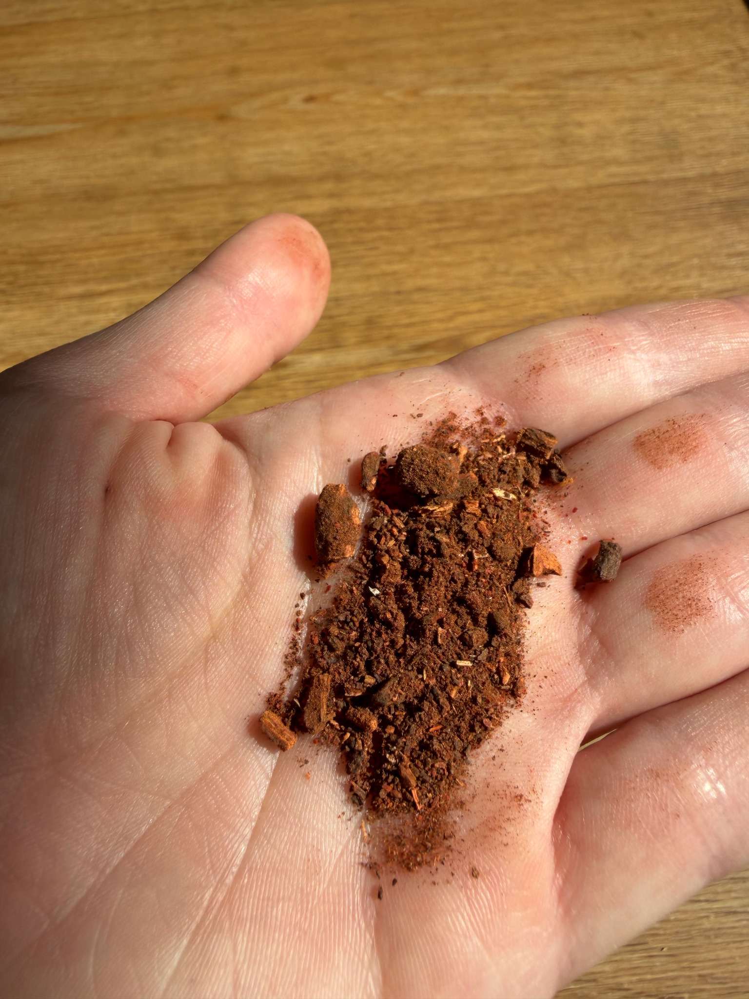 Braun-rotes Pigment aus Krappwurzel in einer Handfläche